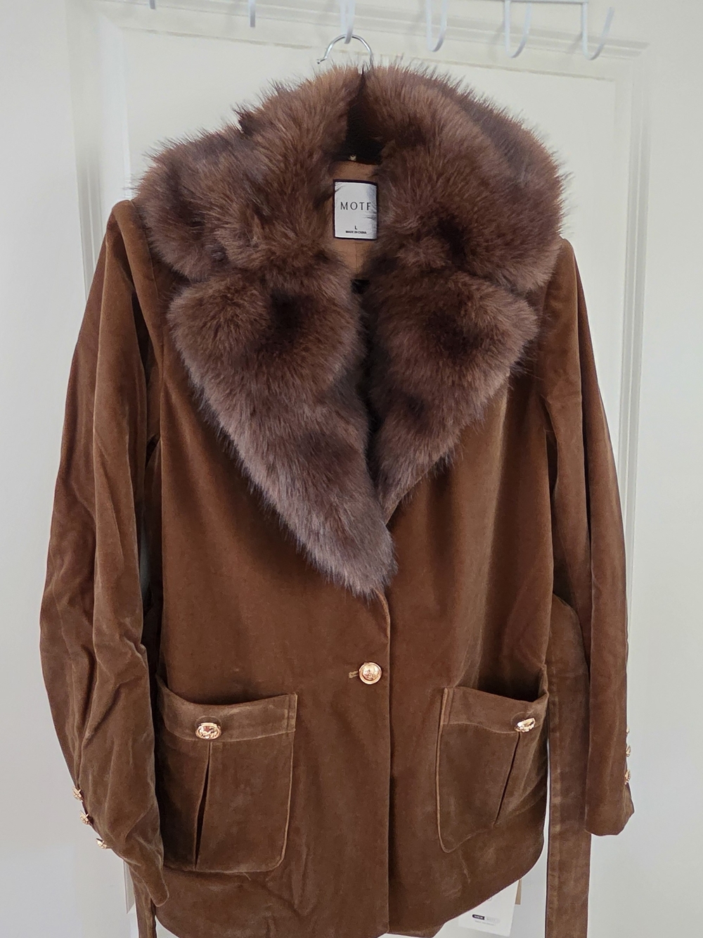 MOTF Brown Velvet Trench Coat with Plush Faux Fur Collar